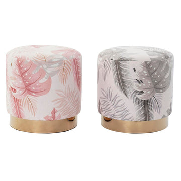 Footrest DKD Home Decor Grey Golden Wood Polyester Coral Tropical Leaf of a plant (35 x 35 x 35 cm) (2 Units)