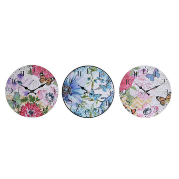 Wall Clock DKD Home Decor Multicolour Flowers MDF Wood (34 x 4 x 34 cm) (3 Units)